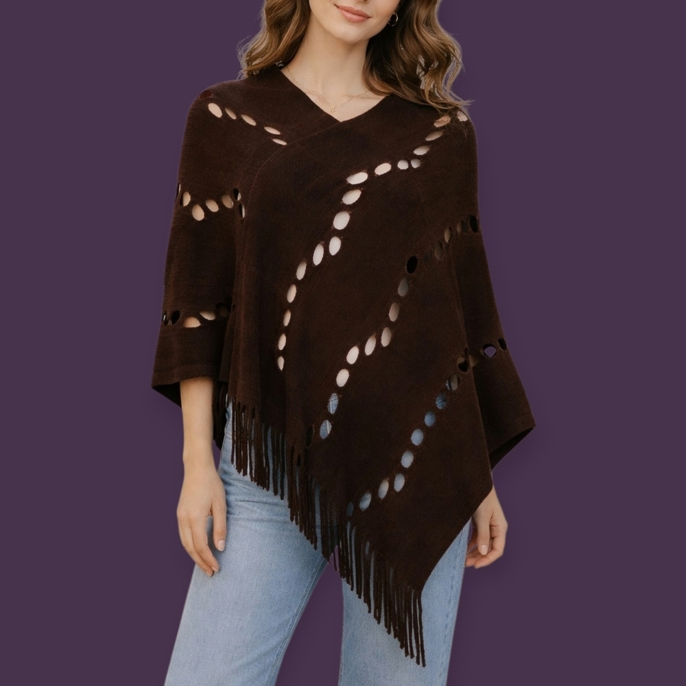AVENUE 9 Dark Brown Knit Assymetric Fringe Peekaboo Shawl Hippie Poncho